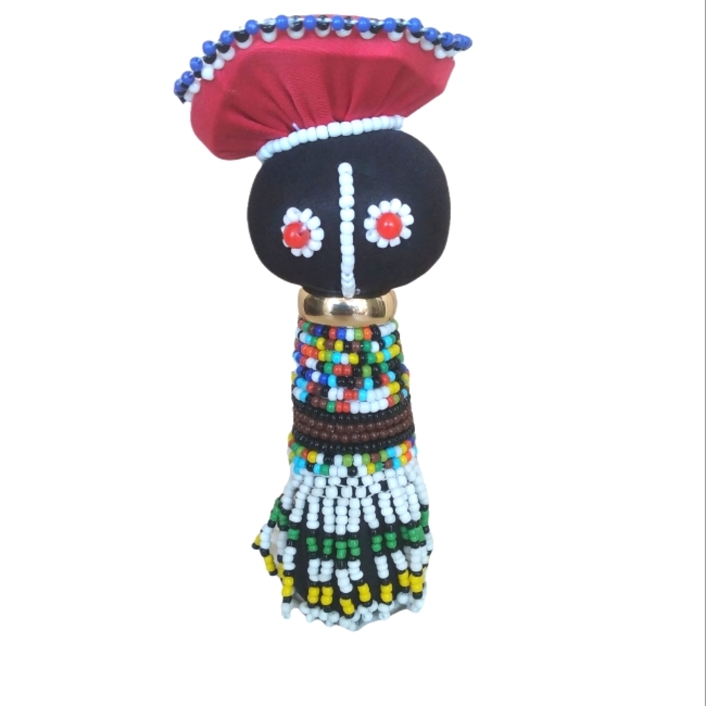 South African Beaded Ndebele Doll, with Big Red Beaded hat, Ndebele Blac…